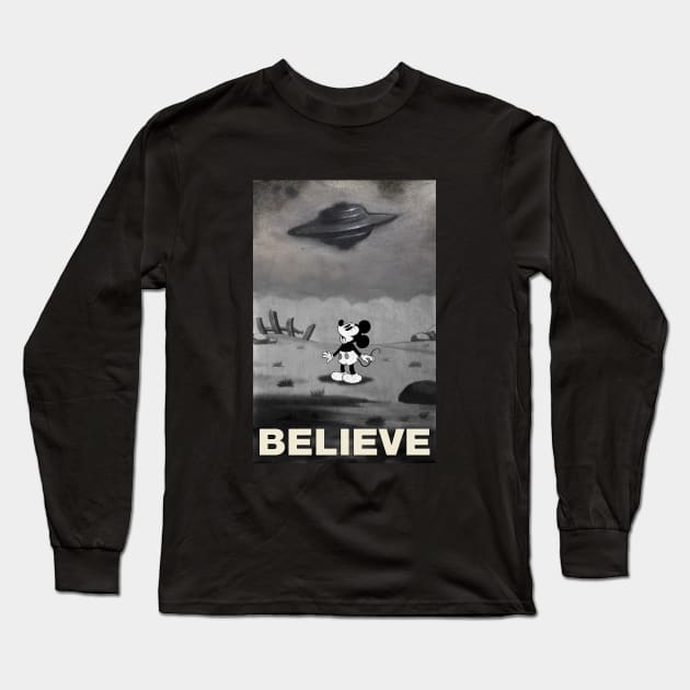 UFO I want to Believe Mickey Mouse Parody Long Sleeve T-Shirt by AtomicMadhouse